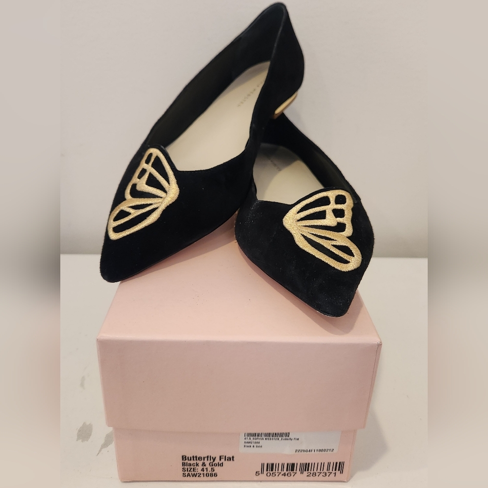 Sophia Webster Black Flats with Gold Butterfly Detail